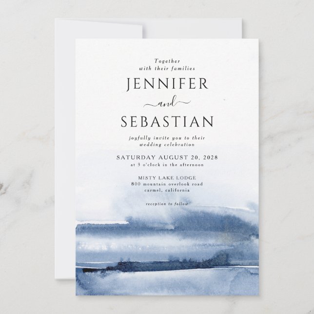 Invitation Elégant bleu Abstrait Aquarelle Mariage éthérée (Devant)