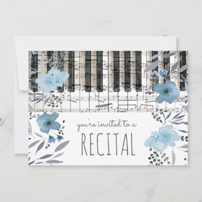 Invitation élégant bleu aquarelle fleurs musique (Devant)
