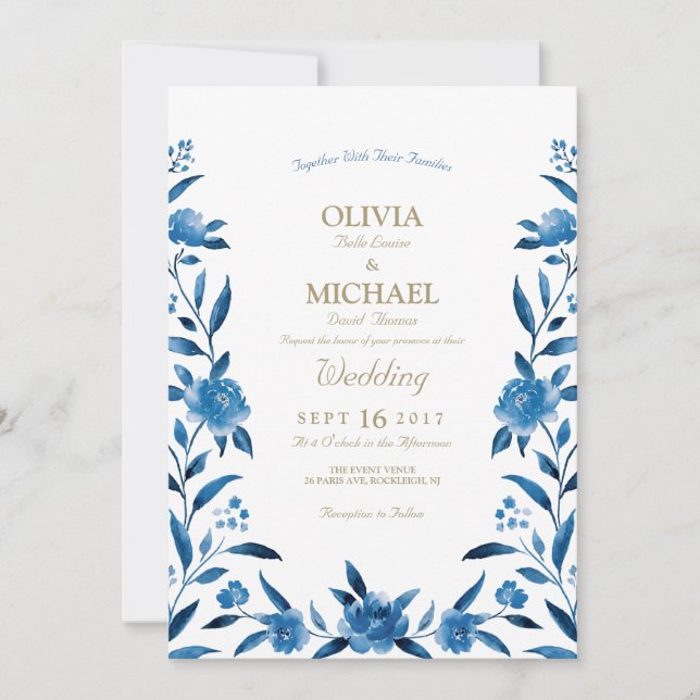 Invitation Elégant bleu Aquarelle florale Chinoiserie Mariage (Devant)