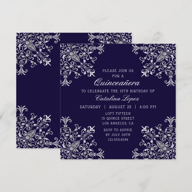 Invitation Elégant Bleu Argent Orné Floral Quinceañera (Devant / Derrière)