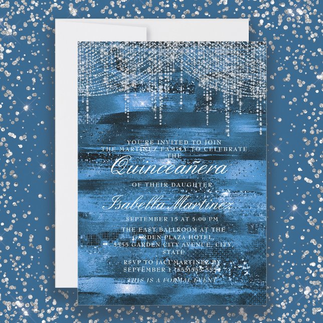 Invitation Elégant bleu Argent String lumières Quinceañera (Elegant blue and silver string lights and glitter Quinceañera invitation)