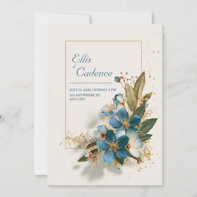 Invitation Elégant bleu azur Floral & Mariage or (Devant)