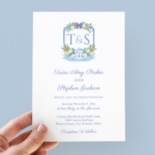 Invitation Elégant bleu blanc citron Crest Mariage