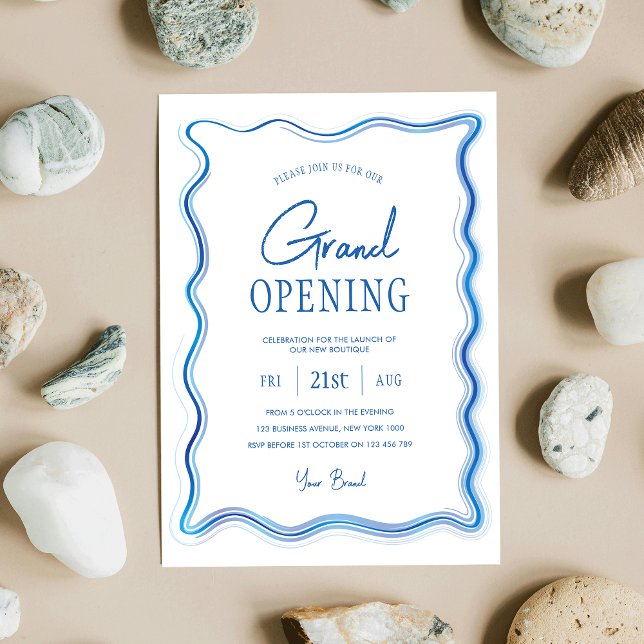 Invitation Élégant Bleu & Blanc Main Tirée Logo Grand Ouvertu (Elegant business grand opening event invitation design with blue watercolor frame and modern fonts)