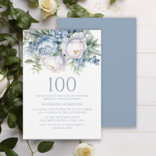 Invitation Elégant bleu bleu bleu blanc floral 100e anniversa