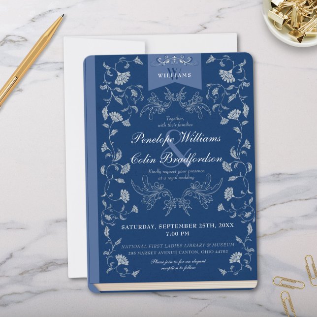 Invitation Elégant bleu bleu bleu floral Mariage de couvertur (Elegant Dusty Blue and White Library Book Cover Formal Wedding Invitation for Royal Fairytale Invite)
