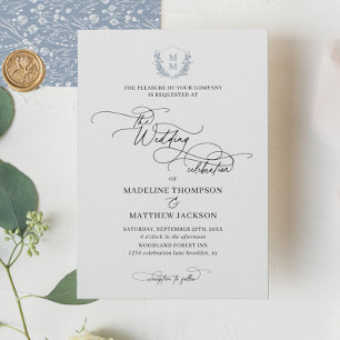 Invitation Elégant bleu bleu floral Crest Mariage