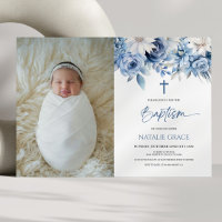 Elégant bleu bleu floral personnalisé photo Baptêm