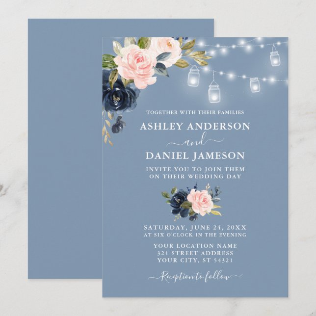 Invitation Élégant bleu bleu rose rose floral Mariage (Devant / Derrière)