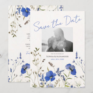 Invitation Elégant bleu Boho Fleurs sauvages photo Enregistre