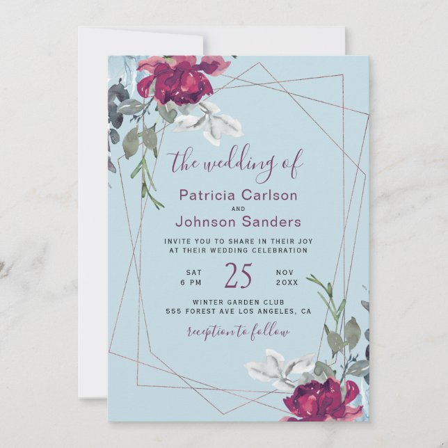Invitation Elégant bleu bordeaux chic cadre mariage (Devant)