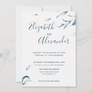 Invitation Elégant bleu botanique aquarelle simple mariage