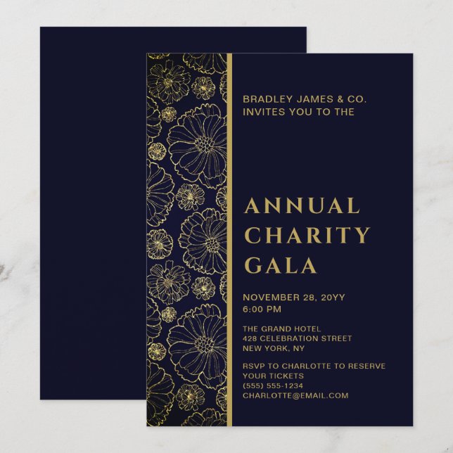 Invitation Élégant Bleu Botanique Organiser un Gala (Devant / Derrière)