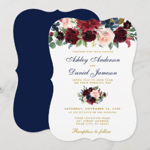 Invitation Elégant bleu Bourgogne Aquarelle Floral Mariage BG