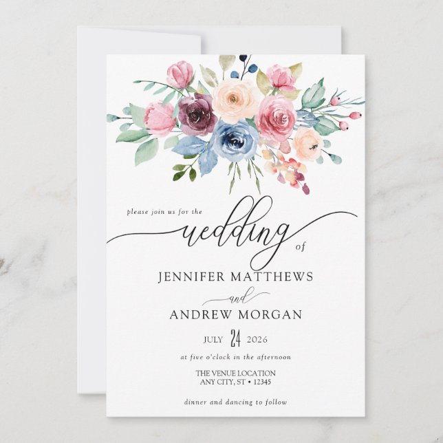 Invitation Elégant bleu Bourgogne Fleurs QR Code Mariage (Devant)