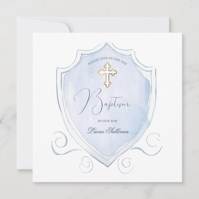 Invitation Élégant bleu clair Aquarelle Crest Baptême (Devant)