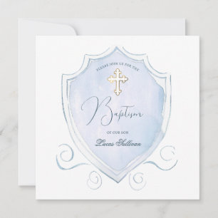 Invitation Élégant bleu clair Aquarelle Crest Baptême
