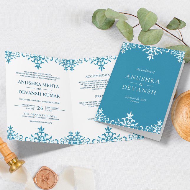 Invitation Élégant bleu Damas Mariage indien traditionnel (Créateur téléchargé)