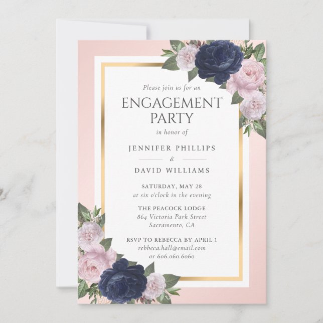 Invitation Élégant Bleu de la marine Gold Blush (Devant)