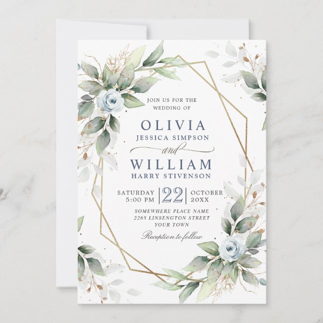 Invitation Elégant bleu Dusty Aquarelle vert Mariage (Devant)