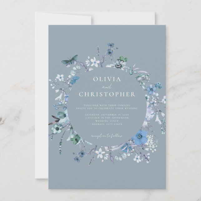 Invitation Elégant bleu Dusty Fleur sauvage Mariage floral (Devant)