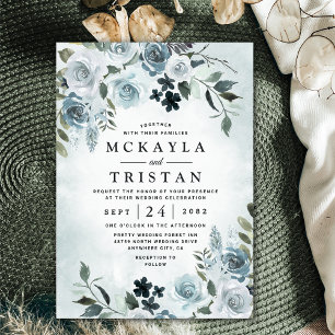 Invitation Elégant bleu Dusty Floral Aquarelle Mariage Marine