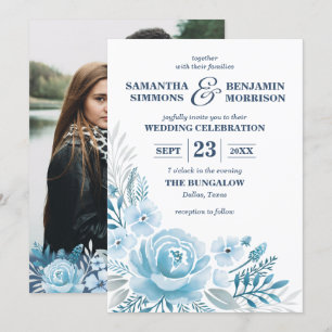 Invitation Elégant bleu Dusty Floral Aquarelle Mariage photo