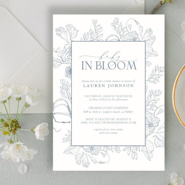 Invitation Elégant Bleu Dusty Floral Line Art Baby In Bloom (Créateur téléchargé)