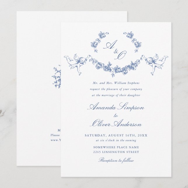 Invitation Elégant bleu Dusty Jardin Français Mariage Floral (Devant / Derrière)