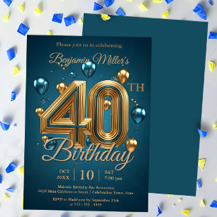 Invitation Elégant Bleu et Ballons d'or 40ème anniversaire
