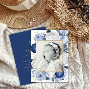Invitation Élégant bleu et blanc Fleur photo Croix Baptême