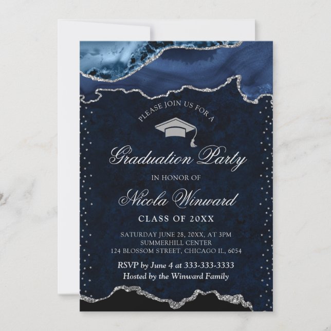Invitation Élégant Bleu et Marbre Argent Agate Graduation (Devant)