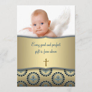 Invitation Elégant Bleu et Or Baby Boy Photo Christening
