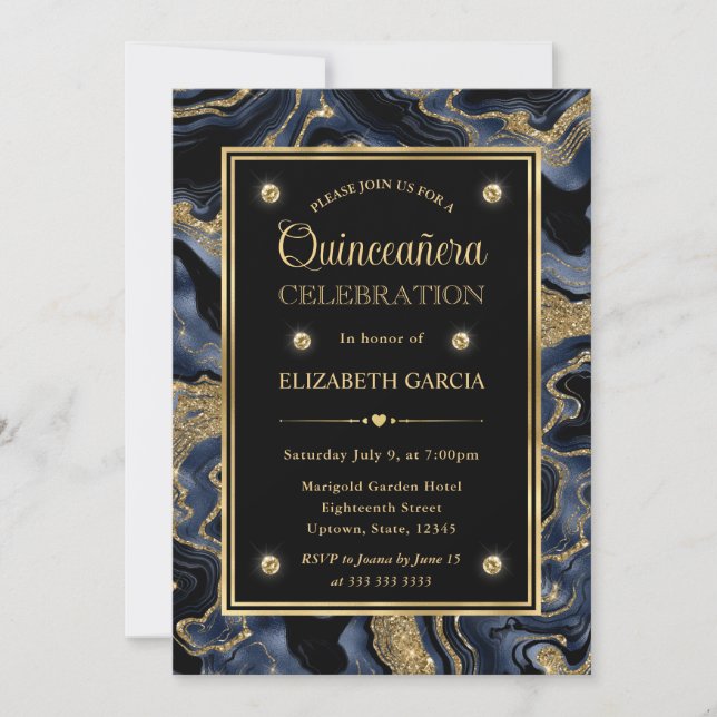 Invitation Elégant bleu et or Parties scintillant Agate Quinc (Devant)