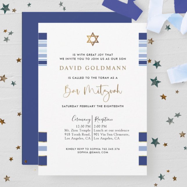 Invitation Élégant bleu et or rayé Tallit Bar Mitzvah I (Créateur téléchargé)