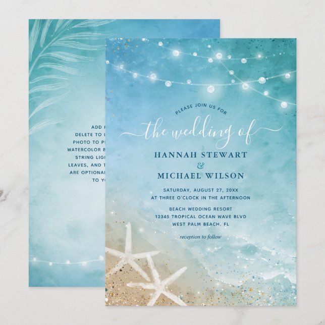 Invitation Elégant bleu et Turquoise aquarelle Plage Mariage (Devant / Derrière)