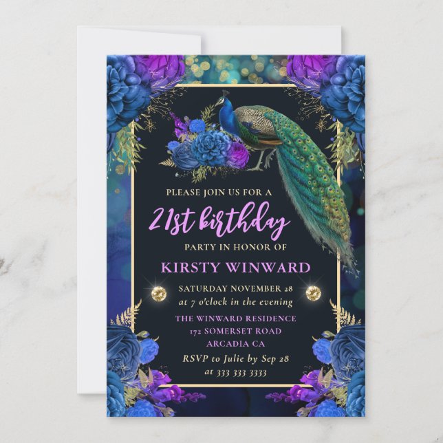 Invitation Elégant bleu et violet de paon floral Anniversaire (Devant)