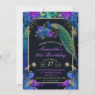 Invitation Elégant bleu et violet fleurs paon Anniversaire