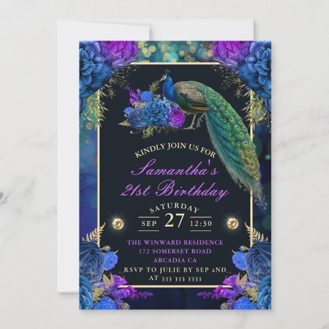 Invitation Elégant bleu et violet fleurs paon Anniversaire (Devant)