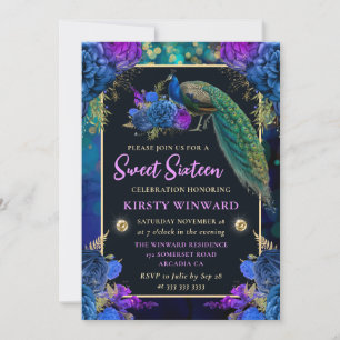 Invitation Élégant Bleu et Violet Floral Paon Sweet 16