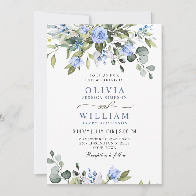 Invitation Elégant bleu Eucalyptus Rose Mariage vert Inv (Devant)