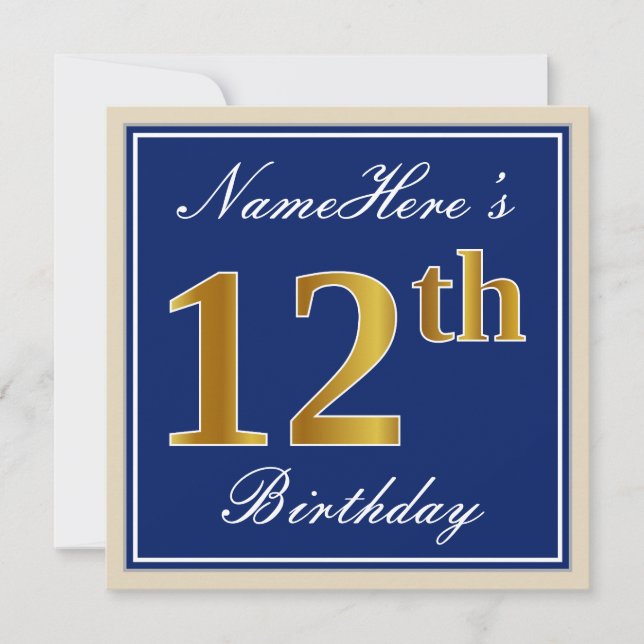 Invitation Elégant, Bleu, Faux Gold 12e anniversaire + Nom (Devant)