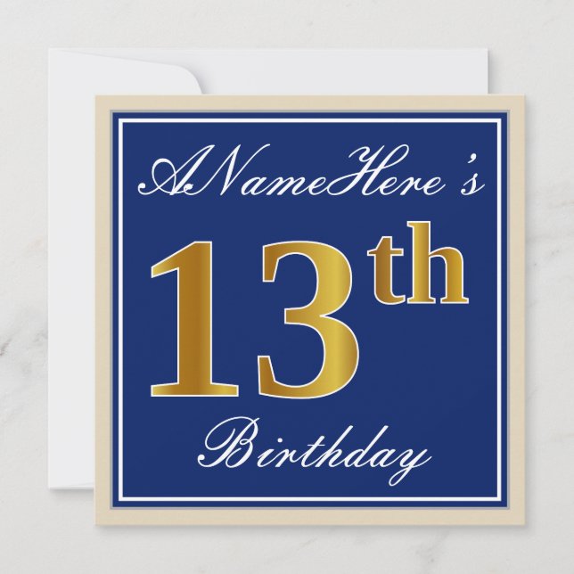 Invitation Elégant, Bleu, Faux Gold 13e anniversaire + Nom (Devant)