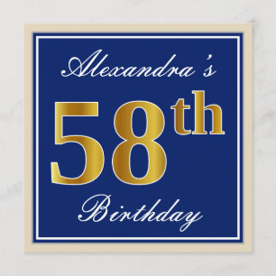 Invitation Elégant, Bleu, Faux Gold 58e anniversaire + Nom