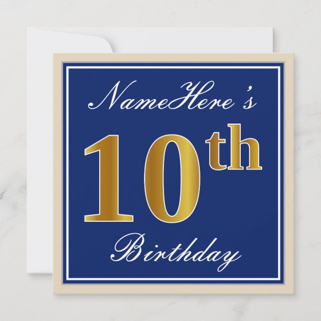Invitation Elégant, Bleu, Faux Or 10ème Anniversaire + Nom (Devant)