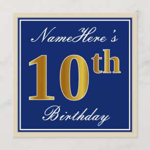 Invitation Elégant, Bleu, Faux Or 10ème Anniversaire + Nom