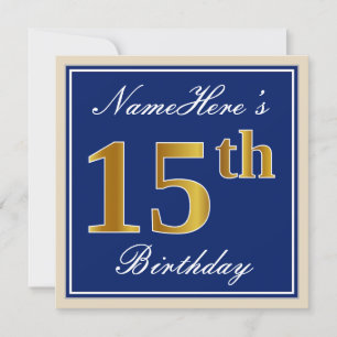 Invitation Elégant, Bleu, Faux Or 15ème Anniversaire + Nom