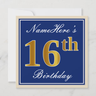 Invitation Elégant, Bleu, Faux Or 16ème Anniversaire + Nom