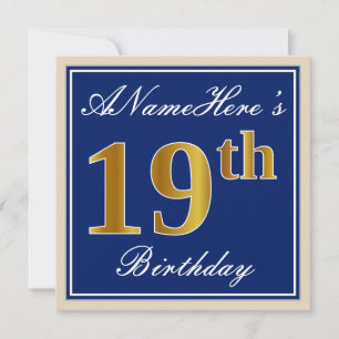 Invitation Elégant, Bleu, Faux Or 19ème Anniversaire + Nom