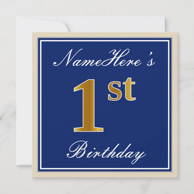 Invitation Elégant, Bleu, Faux Or 1er Anniversaire ; Nom pers (Devant)
